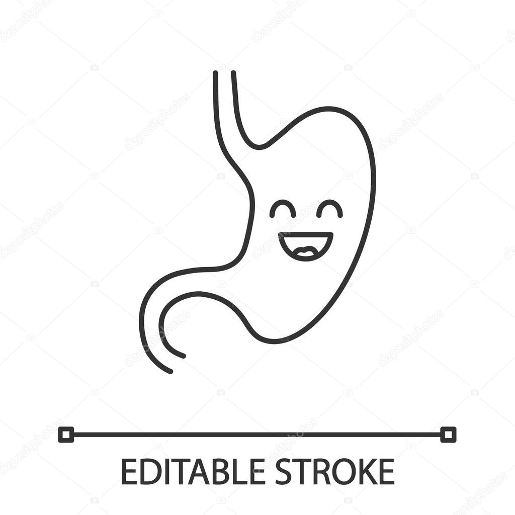 Smiling stomach linear icon. Healthy digestive system. Thin line illustration. Gastrointestinal tract health. Contour symbol. Vector isolated outline drawing. Editable stroke