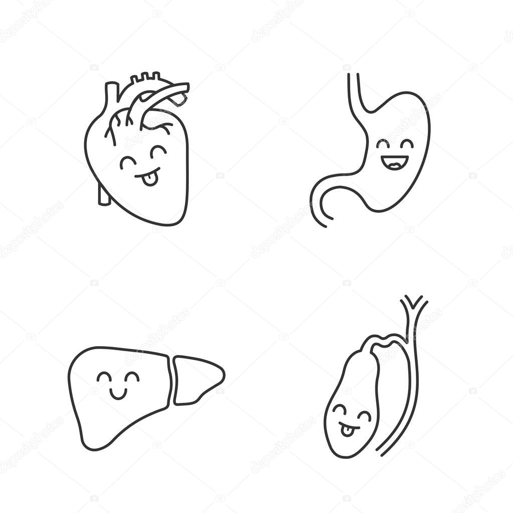 Smiling human internal organs linear icons set. Thin line contour symbols. Happy heart, stomach, liver, gallbladder. Healthy digestive system. Isolated vector outline illustrations. Editable stroke