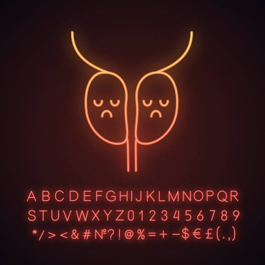 Üzgün prostat bezi neon ışığı simgesi alfabe, sayı ve sembol ile. 