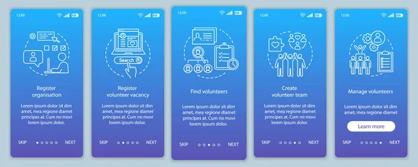 Wolontariat Onboarding Aplikację Mobilną Stronę Ekrany — Wektor stockowy