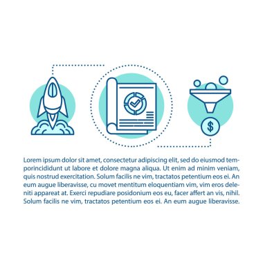 Başlangıç fırlatma konsept illüstrasyon. İş geliştirme. Makale, broşür, dergi sayfası. Faaliyet raporu. Mali tablo. Proje yönetimi. İnce çizgi metinlere sahip simgeler. Çizim vektör anahat