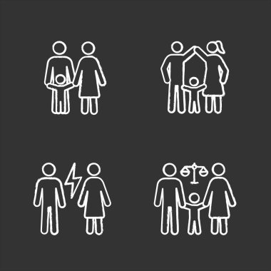 Çocuk velayeti tebeşir Icons set. Çocuk Bakımı. Ebeveynlik, çocuk esirgeme, Çift, kavga, Aile mahkemesi kutlu olsun. İzole vektör kara tahta çizimler