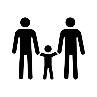 Eşcinsel aile glif simgesi. Siluet simge. İki baba ile çocuk. Aynı seks anne-babalık. LGBT anne. Çocuk iki adamla. Eşcinsel evlat edinmek. Negatif alan. İzole vektör çizim
