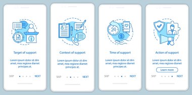 Kurumsal sosyal sorumluluk onboarding mobil uygulaması sayfa filtresi vektör şablonu. İş ahlakı izlenecek yol Web sitesi adımlar. Hedef, bağlam, zaman, eylem destek. UX, UI, GUI smartphone arabirimi