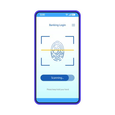 Parmak izi tarayıcı akıllı telefon uygulaması arabirimi vektör şablonu. Biyometrik kimlik doğrulaması. Mobil uygulama sayfa mavi tasarım düzeni. Parmak tarama ekran. Düz UI. Telefon ekran parmak baskı ile