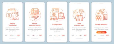 Gönüllü onboarding mobil uygulaması sayfa ekran doğrusal kavramları ile bulma. İnsani yardım. Gönüllü program anlatım adımları grafik yönergeleri. UX, UI, GUI vektör şablon resimler