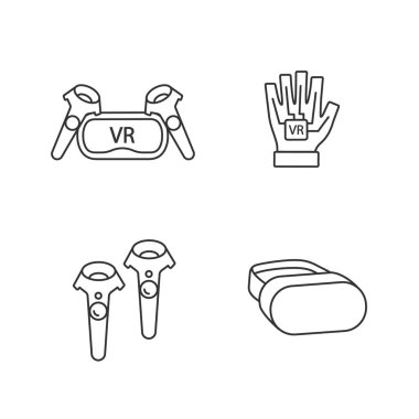 Sanal gerçeklik cihazlar doğrusal Icons set. İnce çizgi kontur sembolleri. VR kulaklık ve kablosuz kontrolcüler, haptic eldiven. İzole vektör anahat çizimler. Düzenlenebilir kontur