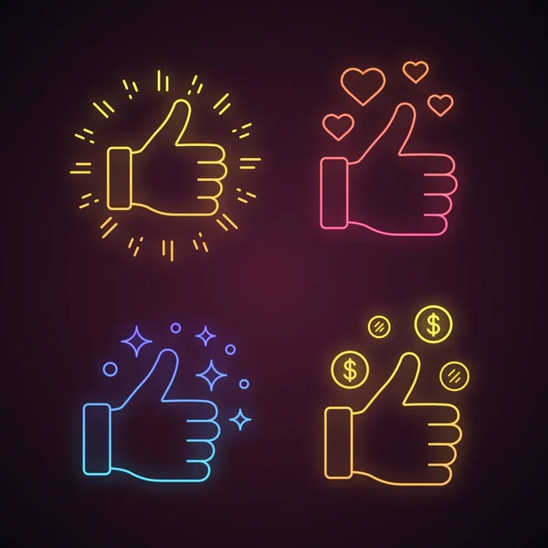 Neon Light Icons Set Thumbs Financial Success Good Nice Hand — Stock Vector