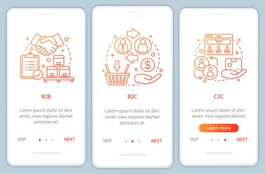 Pazar onboarding mobil app sayfası ekranda vektör şablonları türleri. İş modelleri.