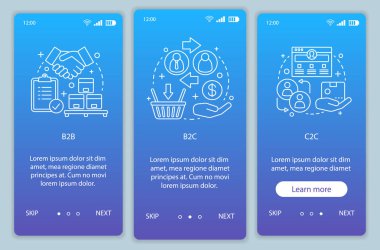 Onboarding mobil app sayfası ekranda vektör şablonları iş modelleri.