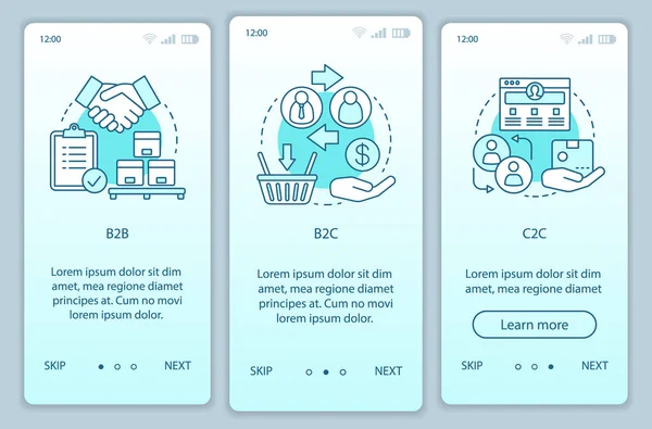 Onboarding mobil app sayfası ekranda vektör şablonları iş modelleri.