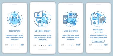 İş ahlakı onboarding mobil uygulaması sayfa ekran şablonları. Kurumsal sosyal sorumluluk izlenecek yol Web sitesi adımlar. CSR. 