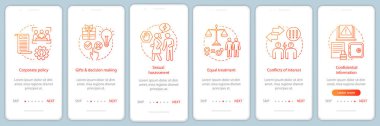 Şirket politikası onboarding mobil uygulaması sayfa ekranlar. Kurumsal refah ve çevre. 