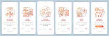 Şirket politikası onboarding mobil uygulaması sayfa ekranlar. Kurumsal refah ve çevre. 