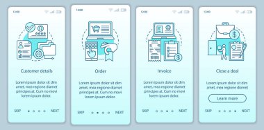 Satış teknikleri onboarding mobil uygulaması sayfa ekranlar.