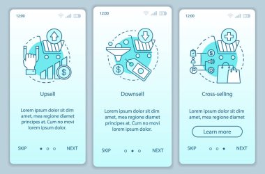 Satış teknikleri onboarding mobil uygulaması sayfa ekranlar.