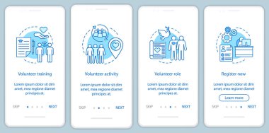 Gönüllü olma onboarding mobil uygulaması sayfa ekranlar doğrusal kavramları ile. 