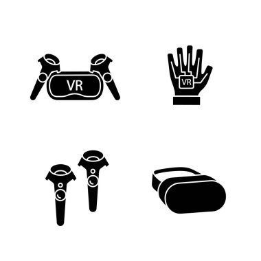 Sanal gerçeklik cihazlar glif simgeler kümesi. VR kulaklık ve kablosuz kontrolcüler, haptic eldiven. 