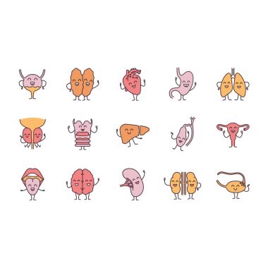 İnsan iç organlarını gülümseyen karakter simgeler kümesi renk.