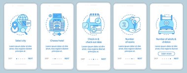 Konaklama rezervasyon yatılı mobil app ekran vektör şablonundaki