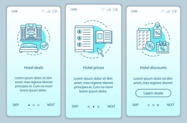 Hotel online rezervasyon yatılı mobil uygulaması sayfa şablonundaki ekran vektör