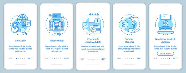 Бронирование проживания на векторном шаблоне мобильного приложения-интерната
