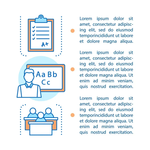 Language learning article page vector template. Speaking club. Language courses, school. Tutor, teacher, native speaker. Brochure, magazine, booklet design element with text boxes, space. Print design