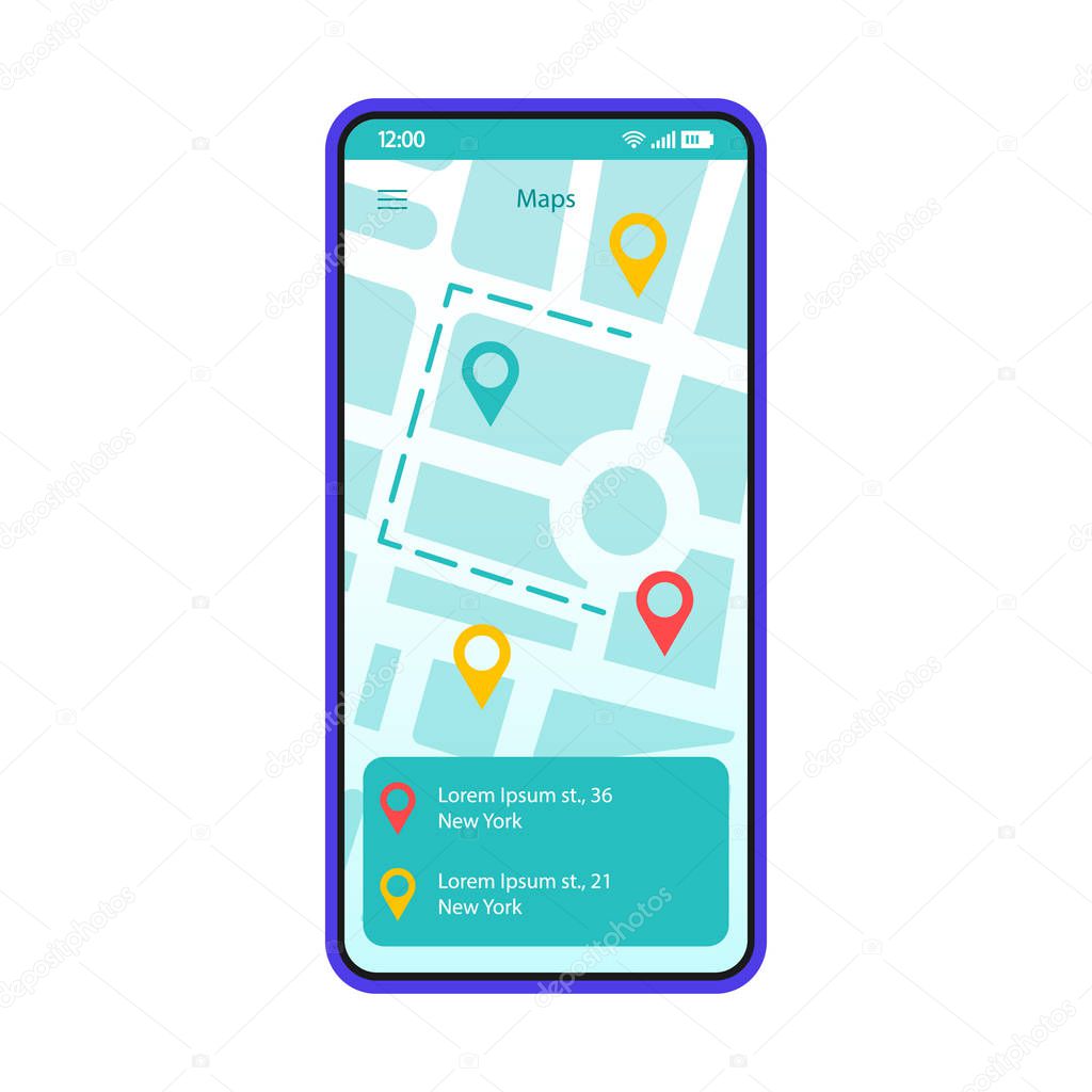 Route searching app interface vector template. 