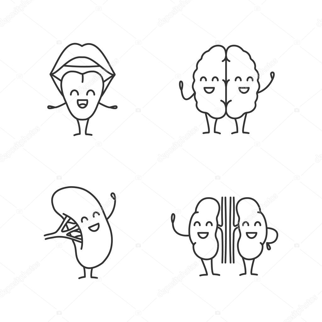 Smiling human internal organs characters linear icons