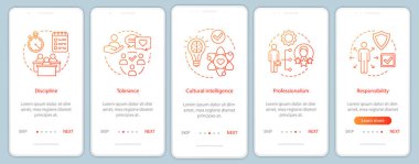 Yönetim becerileri onboarding mobil uygulaması sayfa ekranlar şablonları vektör.