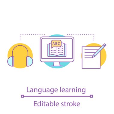 Online dil öğrenme kavramı simge. Yazım denetimi. Yabancı dil kursları. 