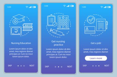 Hemşire iş onboarding mobil app ekranlar sayfaları