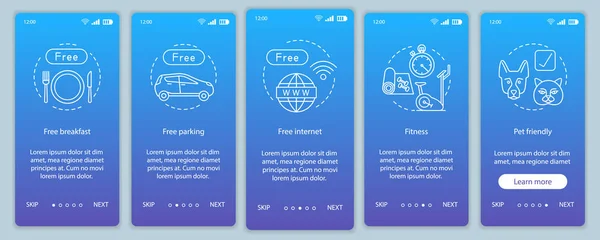 Hotel Amenities Onboarding Mobile App Screens — Stock Vector