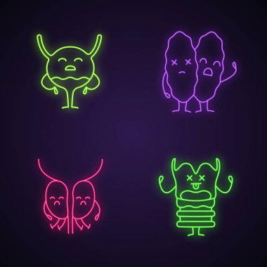 Üzgün insan iç organlarını karakter neon ışık Icons set. 