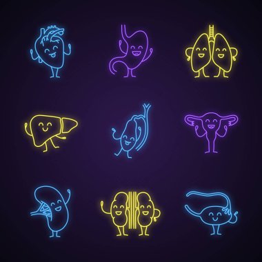 İnsan iç organlarını karakter neon ışık simgeler gülümseyen ayarla.
