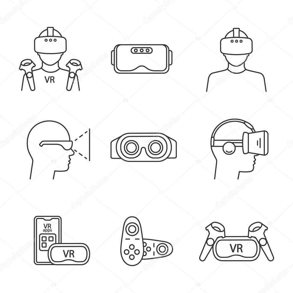 Virtual reality linear icons set. Thin line contour symbols.