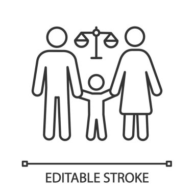 Aile mahkemesi doğrusal simgesi. İnce hat illüstrasyon. Çocukların velayeti. Aile Hukuku işlemleri. Arabuluculuk, yasal ayrılık boşanma. Kontur sembolü. İzole anahat çizim vektör. Düzenlenebilir kontur