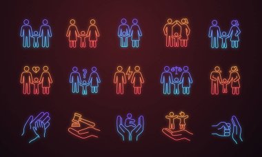 Çocuk velayeti neon ışık Icons set. LGBTT aileler. Evlat edinme ve yetimhane. Aile mahkemesi. Çocuk hakları. Parlayan işaretler. İzole vektör çizimler