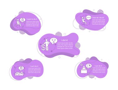 Motivasyonel konsept çizimler. Hareketli, ilham verici, teşvik Infographic şablonu. Sıvı öğelerine metin ve doğrusal simgeler. Dalgalı kabarcıklar adımları. Sunum, afiş rapor vektör cliparts