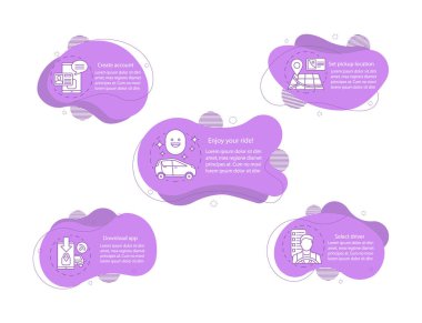 Ulaşım ağı şirket konsept çizimler. Msp, taksi Infographic şablonu. Sıvı öğelerine metin ve doğrusal simgeler. Beş dalgalı kabarcıklar adım. Sunum, afiş rapor vektör cliparts