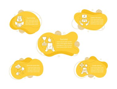 Konsept çizimler oluşturmak başlangıç. Finansman, ürün geliştirme Infographic şablonu. Sıvı öğelerine metin ve doğrusal simgeler. Dalgalı kabarcıklar adımları. Sunum, afiş rapor vektör cliparts
