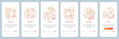 Doğrusal kavramları ile insan Birleşik onboarding mobil uygulaması sayfa ekran. Zafer, can sıkıntısı, şüphe, Nostalji, kabartma walkthrough adım grafik yönergeleri. UX, UI, GUI vektör şablon resimler