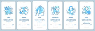 İnsan Birleşik onboarding mobil uygulaması sayfa filtresi vektör şablonu. Zafer, can sıkıntısı, şüphe, Nostalji, rahatlama. Gözden geçirme Web sitesi adım doğrusal resimler. UX, UI, GUI smartphone arabirimi kavramı