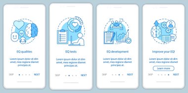 Duygusal zeka onboarding mobil app sayfası ekranda vektör şablonu. EQ nitelikleri, test, geliştirme. Doğrusal resimli anlatım Web sitesi adımlar. UX, UI, GUI smartphone arabirimi kavramı