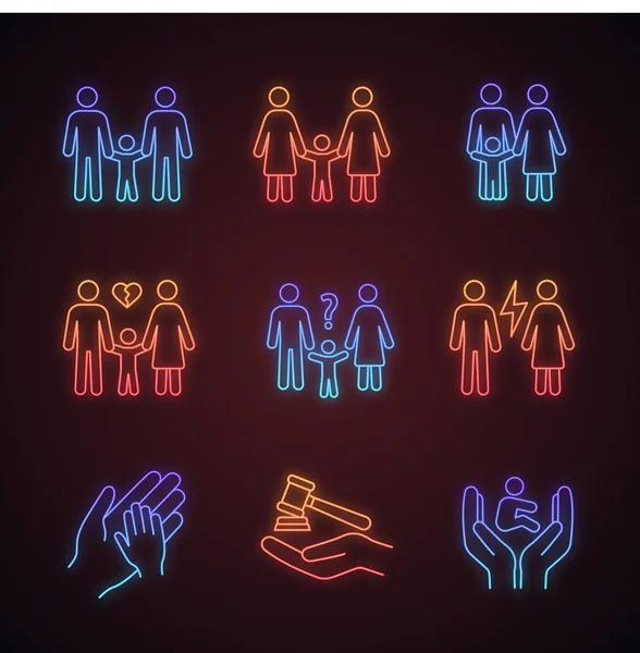 儿童监护霓虹灯光图标设置 收养和孤儿院 同性恋父母 家庭法院 发光的标志 向量被隔绝的例证 — 图库矢量图片