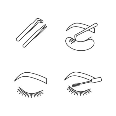 Kirpik uzatma doğrusal Icons set. İnce çizgi kontur sembolleri. Düz ve eğri sivri uçlu cımbız, kapalı kadının göz, maskara. İzole vektör anahat çizimler. Düzenlenebilir kontur