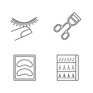 Kirpik uzatma doğrusal Icons set. İnce çizgi kontur sembolleri. Kirpik kıvırıcı, tek kullanımlık göz farı yastıkları, kirpik uzatma ambalaj. İzole vektör anahat çizimler. Düzenlenebilir kontur