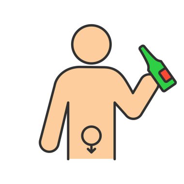 Alkol kötüye renk simgesi. Alkolizm. Alkol içme ve erektil disfonksiyon. Alkole bağlı hormon dengesizliği. Kötü alışkanlıkları ve sağlıksız yaşam tarzı. İzole vektör çizim