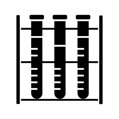 Laboratuvar analiz glif simgesi. Siluet simge. Kan testi. Laboratuvar teşhis. Test tüpleri raf. Negatif alan. İzole vektör çizim