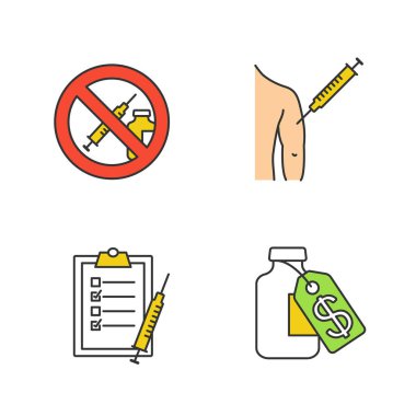 Aşı ve bağışıklama renk simgeleri ayarlayın. İlaçların yasaklanması, enjeksiyon adamın kolu, aşı listesi, aşı fiyat. BCG, Hepatit, difteri bağışıklama. İzole vektör çizimler
